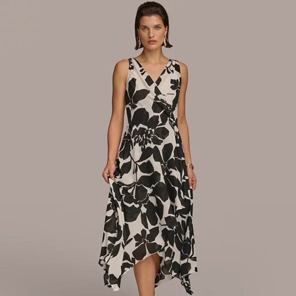 Donna Karan Black and White Floral Midi Dress